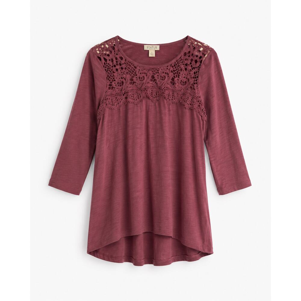 Status by Chenault Lace Yoke Tunic Top Mauve 3/4 Sleeve Boho Size Large
